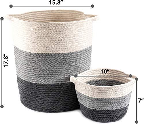 Little Hippo 2pc Large Cotton Rope Basket (18"x16") 100% Natural Cotton! Rope Basket, Woven Storage Basket, Large Basket, Blanket Basket Living Room, Toy Basket, Pillow Basket, Gray