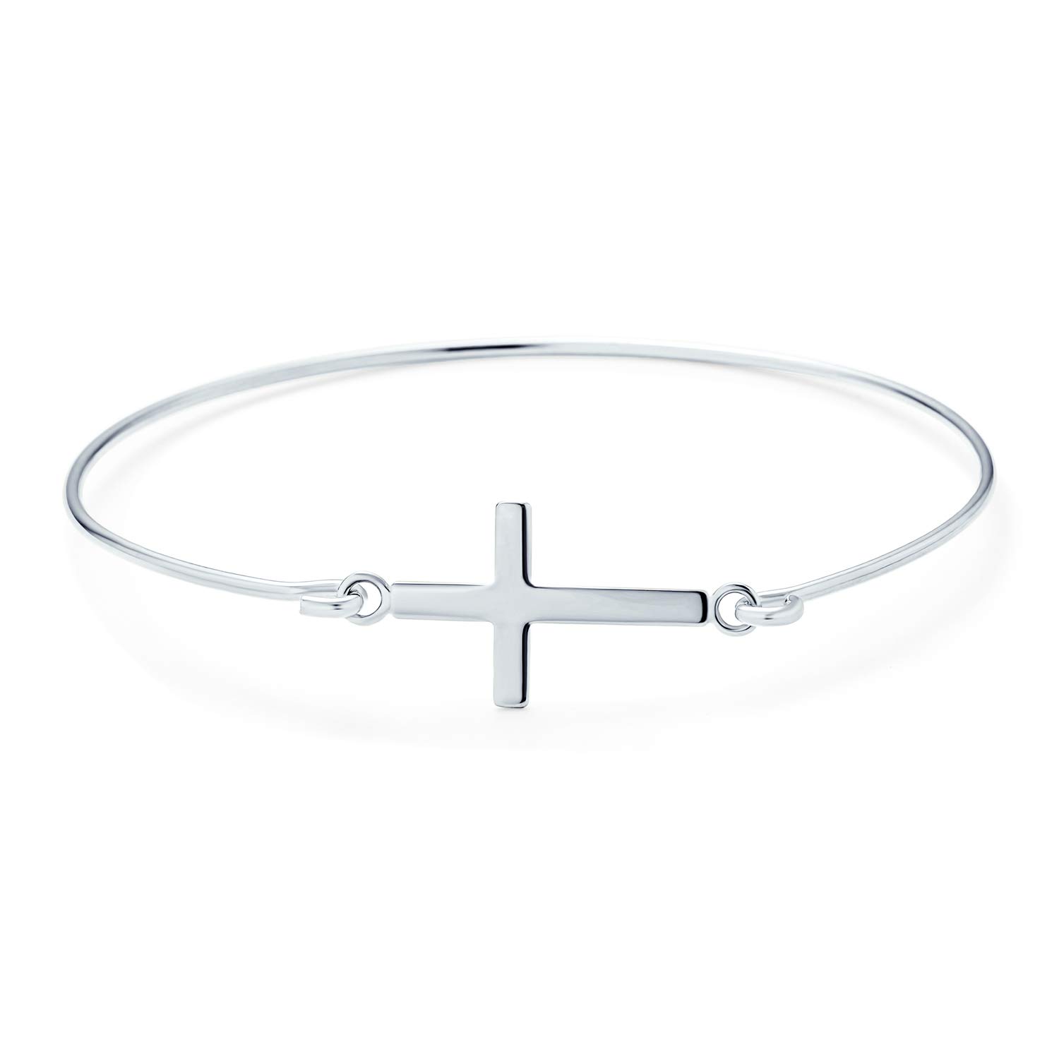 Bling Jewelry Fine .925 Sterling Silver Delicate Simple Religious Inspirational Christian Faith Sideways Cross Bangle Bracelet for Women Teen — image 1