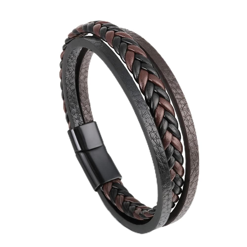 Branets Men's Leather bracelet in Brown, Cowhide Leather Genuine Women Unisex Cuff Wrap Bracelet Multi-Layer Magnetic Clasp Rope Wristband for Men and Women