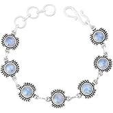 Handmade Gemstone Bracelet for Women – Round Natural Gemstone Silver Plated Adjustable Link Bracelet, Vintage Bohemian Style Birthstone Jewelry, Gift for Anniversary, Wedding & Mother’s Day