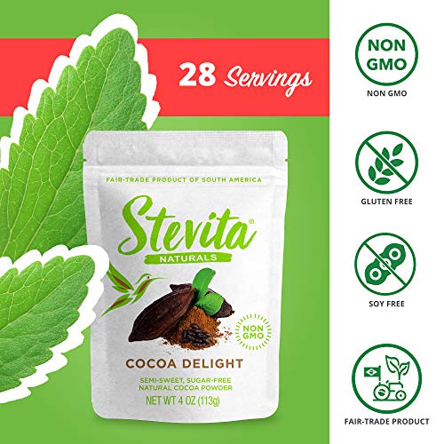 Stevita Cocoa Delight 4 oz Pouch Natural Cocoa Powder with Stevia For Hot Cocoa, Smoothies