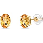 Gem Stone King 14K Yellow Gold Yellow Citrine Stud Basket Setting Earrings For Women Men (1.40 Cttw, Gemstone November Birthstone, Oval Checkerboard 7X5MM)