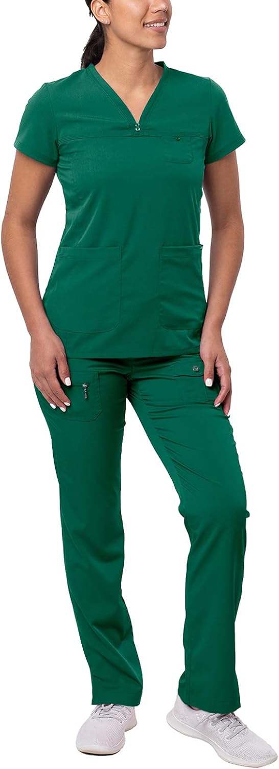 Adar Pro Everyday Expert Scrub Set for Women - Curved V-Neck Scrub Top & Tapered Drawstring Scrub Pants: Clothing
