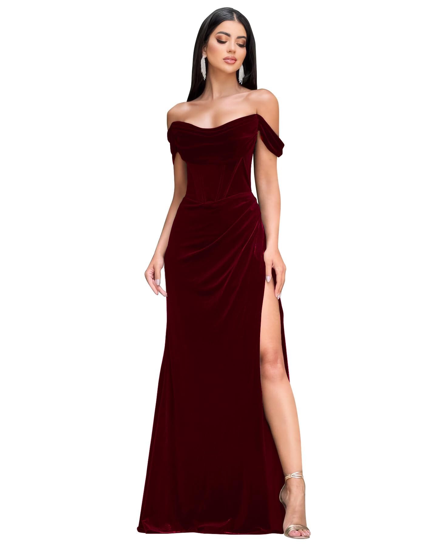 Photo 1 of (xl size)  Velvet Long Prom Dresses with Slit 2026 Off Shoulder Mermaid Bridesmaid Dress for Women Wedding Guest Gown Burgundy US 6