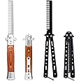 2 Pieces Automatic Switch Folding Comb, Stainless Steel Butterfly Comb, Switchblade Comb, Outdoor Training Pocket Comb, Wood Grain Hair Brush for Beard, Mustache, Beauty Tool