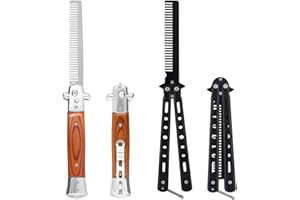 CANUMER 2 Pieces Automatic Switch Folding Practice Combs, Stainless Steel Butterfly Comb, Switchblade Comb, Outdoor Training Pocket Combs, Hair Brush for Beard, Mustache, Hair Styling Tools