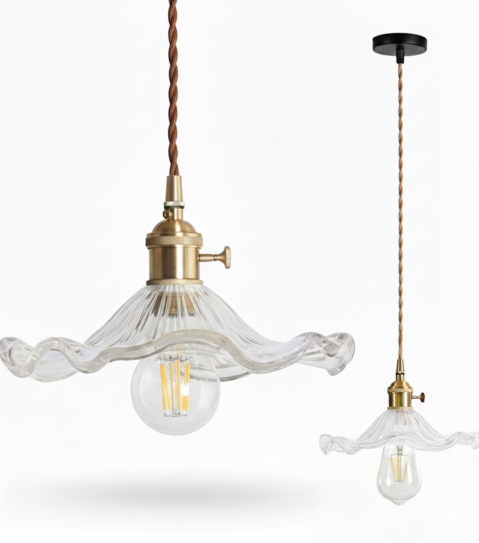 Industrial Vintage Glass Pendant Lamp E27 Base Brass Finish Lamp Holder Retro Ceiling Hanging Light Fit for Loft Living Room Kitchen Coffee Shop (Transparent)