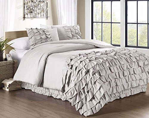 3-piece Pleated Ruffle Waterfall Duvet Set (Eastern King, Light Grey)