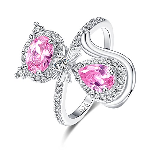 Psiroy 925 Sterling Silver Created Pink Topaz Filled Oval Cut Cute Cat Fashion Ring for Women