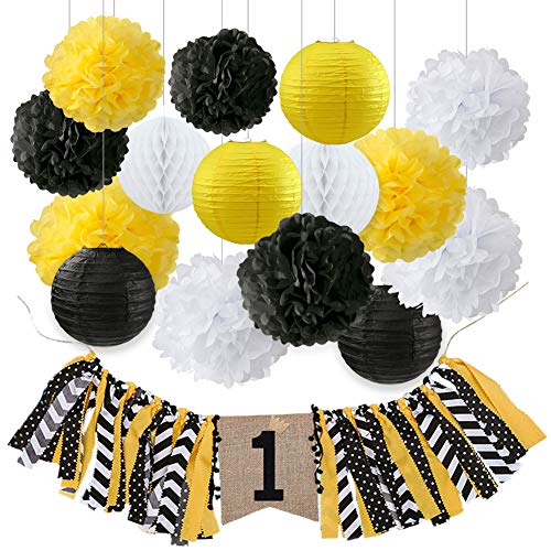 Bumble Bee Decorations Sweet Honey Bee 1st Birthday Decorations 1 Highchair Banner with Ribbon Black Yellow White Tissue Paper Pom Poms Paper Lanterns for Boys Girls First Birthday Party Decorations