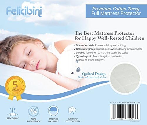 Quilted Mattress Protector (Full Size) - Waterproof Soft and Absorbent Quilted Premium Cotton Terry - Comfortable and Hypoallergenic Mattress Pad - Fitted Sheet Style Topper - Protects Children and Infants From Allergies and Allergens - Durable, Long Lasting, Machine Washable - Breathable to Keep Your Child Safe and Healthy