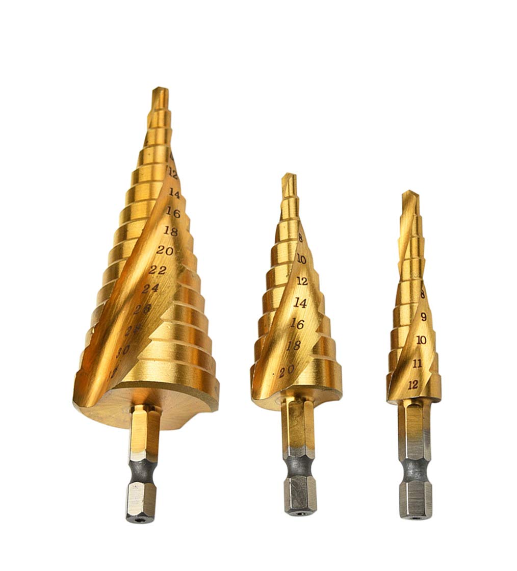 Mengshen HSS Step Drill Bit Spiral Flute 3-Piece Set 4-12mm/4-20mm/4-32mm, HSS Titanium Coated Drilling Tool Multi-functional Hex Shank High Speed Steel