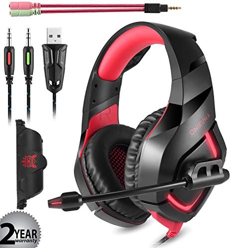 Gaming Headset with Mic for PS4 PC Mac Laptop Tablet Xbox One, Wired 3.5mm Jack 7.1 surround stereo, USB Powered LED Dazzle Light Enrich your Game and Chat Experience. ONIKUMA K1 Red.