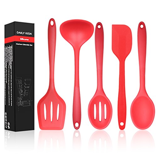 Silicone Utensil Set 5 Piece - Flexible Silicon Spatula/Turner/Serving Spoon/Soup Ladles/Slotted Spoon, Heat Resistant Non Stick Cooking Tools, BPA Free&FDA（Professional, Cookware Kitchen Gadgets Red