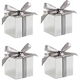 KUPOO 50PCS Favor Boxes,Candy Boxes 2.2x2.2x2.2 Inches Small Gift Boxes with Ribbons for Wedding Baby Shower Decorations Birthday Party Supplies (Silver)