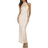 Phicia Sexy Satin Halter Neck Backless Maxi Dress for Women Elegant Tie Cowl Back Formal Wedding Guest Dress for Summer