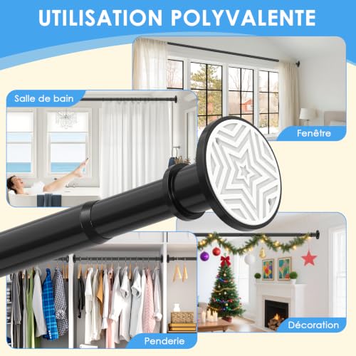 78-284 cm Curtain Rod, Extendible Curtain Rod, Black, 28 mm, Heavy Duty Pressure Shower Rod, Installation Without Drilling or with Screws, for Bathrooms, Windows and Doors