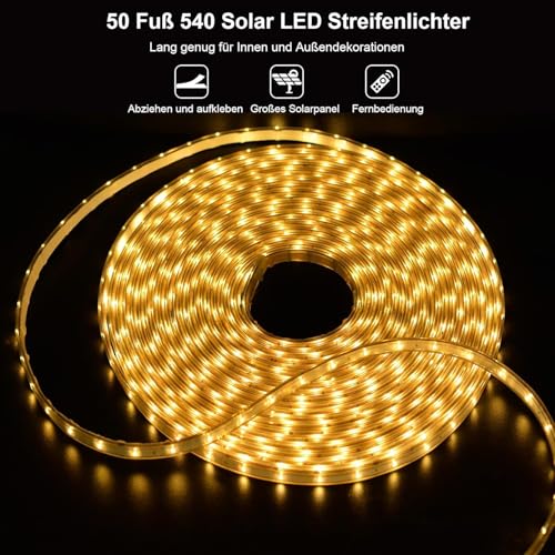 DBFAIRY 15 m Solar LED Strip Outdoor, 540 LED Strip Outdoor, IP68 Waterproof Solar LED Strip with Remote Control Timer, LED Strip for Garden, Patio, Balcony Decoration (Warm White)