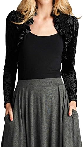 The True Love Junior Size Crush Velvet Long Sleeve Front Shirred Shrug Bolero, Medium, Black