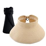 Womens Summer Foldable Wide Brim Sun Visor, Roll Up Beach Straw Hat with Cute Bowtie