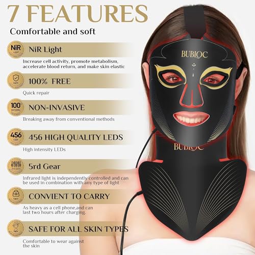 Onisdin Red Light Therapy Mask Set, Five-Level Brightness Adjustment for Face and Neck, 630nm Infrared Light + 850nm Near-Infrared LED Therapy Phototherapy, Portable Mask with Power Storage, Black