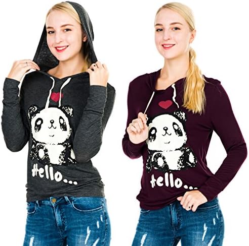 Megan apparel Women's 2 Pack Basic Long Sleeve Hoodie T-Shirts With Cute Panda Print