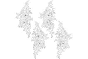 CABODYALS 4Pcs Beaded Lace Appliques White Pearl 3D Flower Crystal Applique Polyester Embroidery Floral Rhinestone Sew on Patches for Sewing Making Dresses Clothes Wedding Gown Headpiece DIY Supply