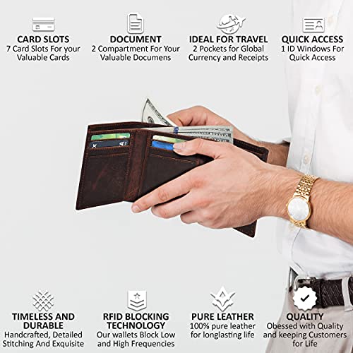 RFID Wallets for Men Real Leather Small Slim Vintage Travel Trifold