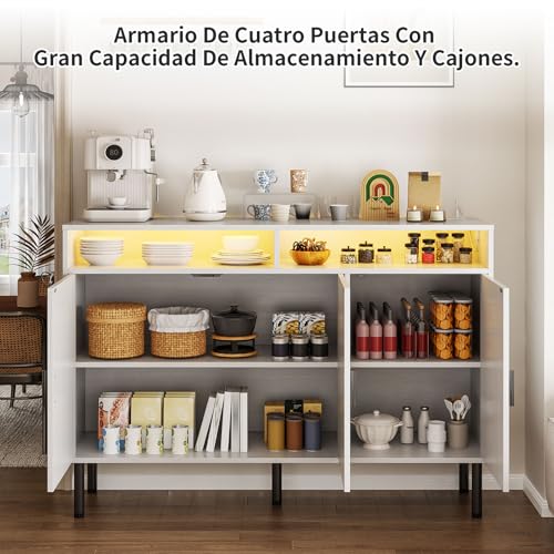 SIMPLE ESPACIO Mueble bufetera con tomacorriente, credenza bufetera,con luz LED,alacenas flotantes para Cocina, con Dos estantes Ajustables de Gran Espacio de Almacenamiento (Blanco, 1,2 Millones)