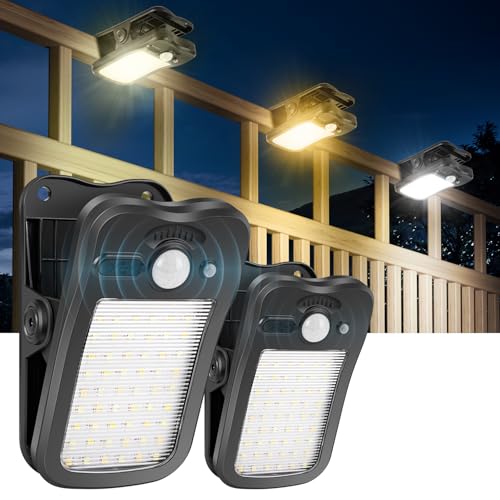 BlueYu Outdoor Solar Light with Clip – Solar Lights with Motion Sensor, 800LM Solar Spotlight, 3 Modes & 3 Colors, Solar Lights with USB and Waterproof Remote Control for Fence Gardens (2 Pieces)