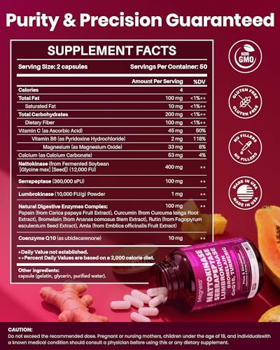 MEGNETA Nattokinase Supplement 12,000 FU (Max Strength) Serrapeptase 360,000 sPU, Lumbrokinase 10,000 FUV & CoQ10 -Systemic Enzymes Complex for Cardiovascular & Circulatory Health Support-100 Capsule