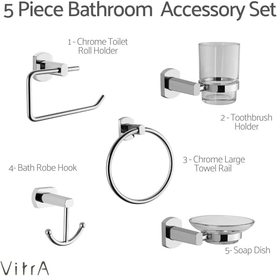 Vitra Bathroom Accessory Set, 5 Piece Bathroom Accessory Pack, Includes Wall Mounted Chrome Towel Ring and Toilet Roll Holder - Image 3