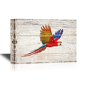 Birds and Poultry Canvas Wall Art - A Flying Colorful Parrot - Vintage Wood Style Giclee Print Gallery Wrap Modern Home Art | Ready to Hang - 12x18 inches