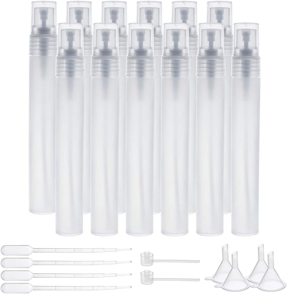 BENECREAT 12PCS 30ml Mini Plastic Spritzer Bottle Frosted Fine Mist Spray Tubes, 2PCS Transfer Pumps, 4PCS Funnels and 4PCS Pipettes for Perfume Lotion Liquids: Everything Else