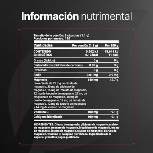 Mezcla de Magnesios Premium con 240 Cápsulas 1100 mg por poción. Adicionado con Colágeno Hidrolizado y Vitamina C. 9 Mag Platinum B Life.