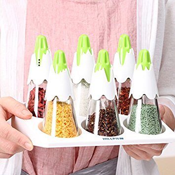 HILLPOW Spice Jars Storage Rack Seasonings Set 6 Glass Cute Pencil Shape Salt and Pepper Shakers for Kitchen Storage