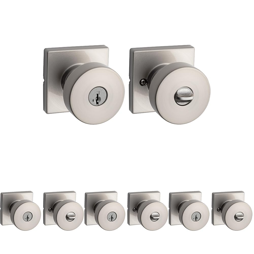 Kwikset Pismo Entry Door Knob with Lock and Key, Secure Keyed Handle Exterior, Front Entrance and Bedroom, Satin Nickel, Pick Resistant SmartKey Rekey Security and Microban (Pack of 4) Image