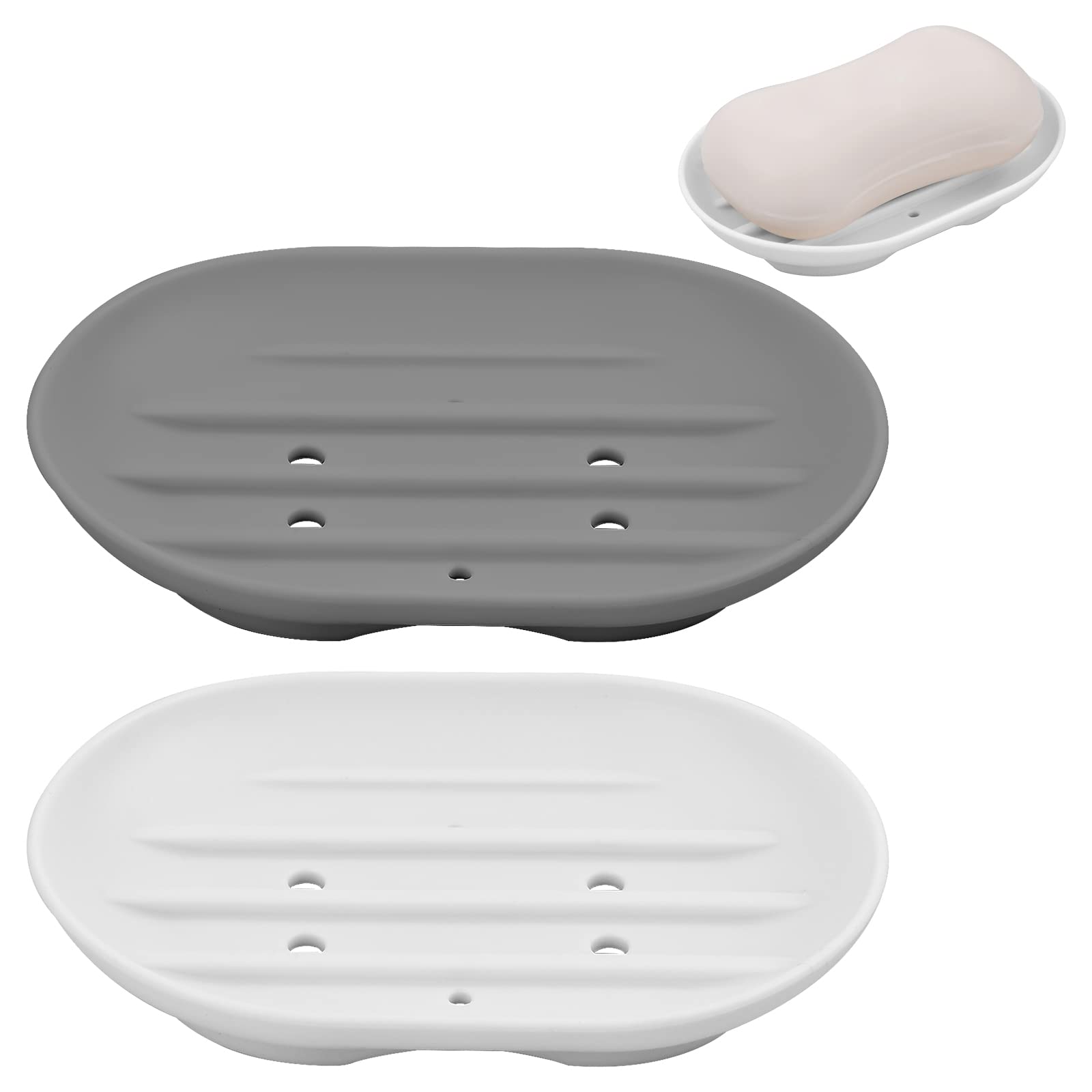 ZYFC 2 Pcs Silicone Soap Dish,Portable Shower Soap Box,Self Draining Soap Holder | Easy Cleaning, Dry,Soap Container Perfect for Shower, Bathroom, Kitchen, Counter Top and Travel (Gray & White)