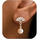 PRTGL Pearl Earrings: 14k Gold/White Gold/Rose Gold Plated Cubic Zirconia Accented Pearl Drop Dangle Wedding Engagement Earrings For Women Bridal Bridesmaid