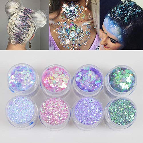 COKOHAPPY 8 Boxes 10ml Holographic Mermaid Dreams Chunky Glitter Sequins Iridescent Flakes Hexagon Tips Mixed Paillette Face Eyes Body Hair Nail Art