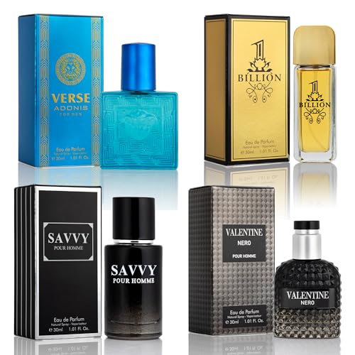 NovoGlow Signature Scent Mini Cologne Set for Men – 4 Fragrances: Savvy, 1 Billion, Verse & Valentine. Features Woody, Spicy, Citrus & Aromatic notes. Non-irritating formula, 30ml each.