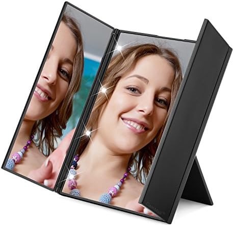 Lighted Vanity Makeup Mirror, Portable Travel Vanity Mirrors with 8 Led Lights, Tri Fold With Adjustable Stand for Women/Men/Girls Cosmetic Makeup (Black)