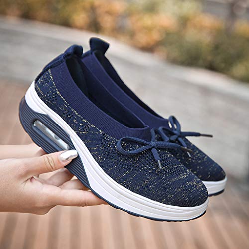 Emimarol Womens Walking Tennis Shoes Slip On Light Weight Mesh Platform Air Sneakers Dark Blue