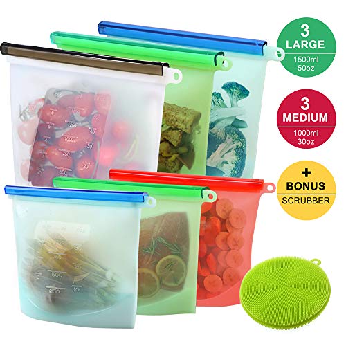Chrider Reusable Silicone Food Storage Bags (Set of 6) - 3xLarge 50oz, 3xMedium 30oz, Leakproof Food Grade Silicone bags for Vegetable, Liquid, Snack, Meat, Sandwich