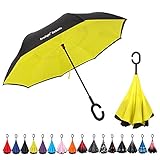 NewSight Reverse/Inverted Double-Layer Waterproof Straight Umbrella, Self-Standing & C-Shape Handle & Carrying Bag for Free Hands, Inside-Out Folding for Car Use (Yellow)