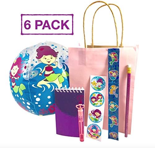 Mermaid Birthday Party Favors and Supplies Complete Under the Sea kit for 6 Little Guests Including Bag, Mermaid Beach Ball, Stickers, Glitter Note Pad, Mermaid Pencils, Mermaid Slap Bracelet and Bubbles