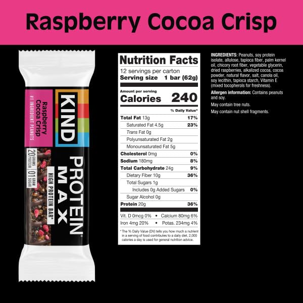 KIND PROTEIN MAX, RASPBERRY COCOA CRISP, 20G PROTEIN, 1G SUGAR, LOW SUGAR, HIGH PROTEIN SNACK BARS, 12 COUNT