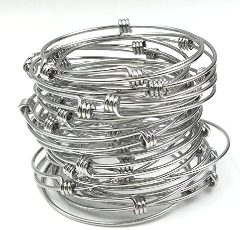 bcraftiz 50 pcs Stainless Steel Adjustable Wire Bangle Bracelet 3 Loops Silver Tone 65mm Large Wrist Size