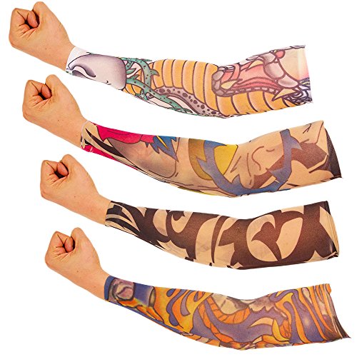 Crenstone Fake Tattoo Sleeves Set -- 4 Tattoo Arm Sleeves (Tribal, Biker, Classic Tattoo Designs)