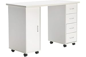 Kcelarec White Manicure Nail Table, Acetone Resistant Beauty Salon Desk Nail Art Equipment with 4 Drawers,Lockable Wheels, Wrist Pad